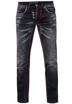 Rusty Neal Herren Jeanshose Schwarz Verwaschen mit Imposanter Neon-Roter-Ziernaht offene Knopfleiste Designer Stretch Regular -45, Farbe:Schwarz, Größe Jeans:30W / 32L von Rusty Neal