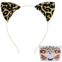 SALGIA 2PCS Leoparden Kostüm Set, Leoparden Ohren Haarreif + Leopard Gesicht Kunst Aufkleber, Damen Kinder Leoparden Kostüm Zubehör für Halloween Karneval Cosplay Mottoparty, Gold von SALGIA