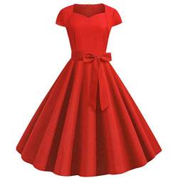 SALUCIA Damen Elegant 50er Rockabilly Kleider Vintage Retro Kleid Cocktail Party Abend Kleid Faltenrock mit Schleife Gürtel (rot, L) von SALUCIA