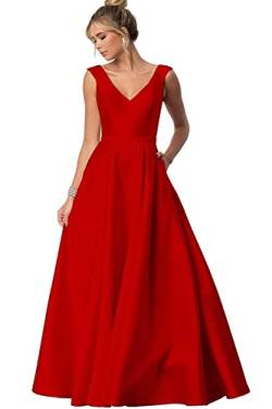 Damen V-Ausschnitt Abendkleid Abschlussball Lang Satin Mutter der Braut Kleid mit Taschen, rot, 52 von SAMHO