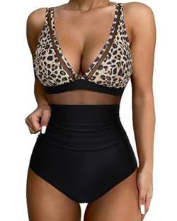 SANHIGHEND Badeanzug Damen Bauchweg Sexy Mesh Einteiler Bademode Waisted Slimming Schwimmanzug mit Swimsuit (DE/NL/SE/PL, Alphanumerisch, XL, Regular, Regular, Leopard Schwarz) von SANHIGHEND