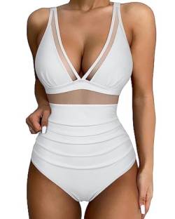 SANHIGHEND Badeanzug Damen Bauchweg Sexy Mesh Einteiler Bademode Waisted Slimming Schwimmanzug mit Swimsuit (DE/NL/SE/PL, Alphanumerisch, XL, Regular, Regular, Weiß) von SANHIGHEND