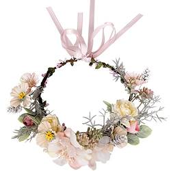 SANRLO Stirnbänder, Haarschmuck für Damen, handgefertigtes Blumen-Stirnband, Blattblumenkrone mit rosa Schleife, Hochzeits-Braut-Kopfschmuck, schönes Haar-Accessoire von SANRLO