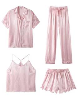 SAPJON Satin Seide Pyjama für Frauen 4-teiliges Rüschen Kerbe Kragen Nachtwäsche Button Down Kurzarm Shorts Pjs Set Loungewear von SAPJON