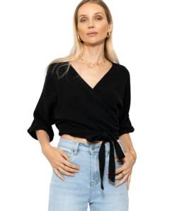 SASSYCLASSY Musselin Bluse Damen mit V-Ausschnitt - Wickel Bluse Damen Sommer in Schwarz - Oberteil Damen Sommer zum Wickeln in Baumwolle- Größe L von SASSYCLASSY