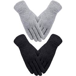 SATINIOR 2 Paar Damen Winterhandschuhe Gestrickte Touchscreen Finger Doppelschichtige Elastische Handschuhe (Schwarz, Hellgrau) von SATINIOR