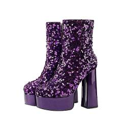 SAUTRV Damen Mode Kurze Stiefel Plateau Pailletten Chunky High Heel Kurze Stiefel Absatz Mid Calf Boots Warm Boot, violett, 38.5 EU von SAUTRV