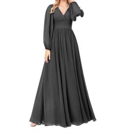 SAYNO Langärmeliges Brautjungfernkleid, Chiffon, plissiert, V-Ausschnitt, formelles Kleid, lang mit Schlitz, Schwarz , 44 von SAYNO