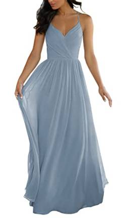 Spaghettiträger Hochzeit Brautjungfernkleider für Junioren V Ausschnitt Elegant Chiffon A-Linie Trauzeugin Kleider, dusty blue, 36 von SAYNO