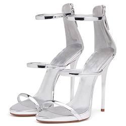 SAndal Knöchelriemen Damen Offenen Zehen Lackleder Mit Stiletto-Schuhen Künstliche PU-Schnalle Einem Wort High Heel-Stiletto Flachem Boden Geeignet Frauen,Silber,37 von SAndal