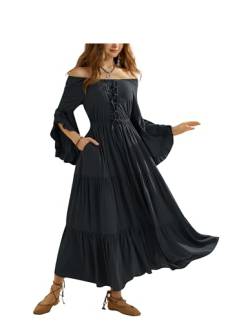 SCARLET DARKNESS Damen Renaissance Kleid Langarm Schulterfrei Lace-up Elegant Maxi Kleider Schwarz L von SCARLET DARKNESS