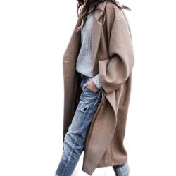 SCLEROPAGES Damen Langarm Wollmantel Trenchcoat Lässige Mantel Reverskragen Erbsenmantel Herbst Warm Wintermantel Casual Lange Jacke mit Taschen (Khaki,M) von SCLEROPAGES