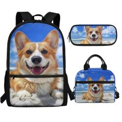 SCRAWLGOD Rucksäcke für Jungen mit Brotdose, Mädchen, Büchertasche und Lunchtasche, Federmäppchen, Kinder, Grundschule, Dog Funny Corgi Blue Sky, Einheitsgröße von SCRAWLGOD