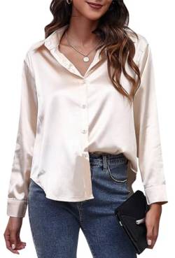 Damen Satin Button Down Shirts Elegant V Ausschnitt Seidige Hemden Casual Langarm Arbeit Blusen Tunika Top, khaki, 46 von SEAUR