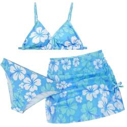 SEAUR Bikini Mädchen Teenager Set 3 Stück Schwimmanzug Kinder Badeanzug mit Cover Up Rock Bikinioberteil mit Triangel Bikinihose A-Blau 14J von SEAUR