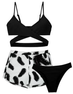 SEAUR Mädchen Bikini mit Hose Set Kinder Badeanzug 3 Teilig Bademode Blumendruck Gepolstert Bikini Sommer Strand Schwimmen 12-13 Jahre von SEAUR