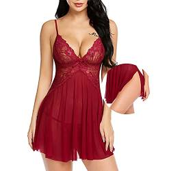 Dessous Damen Sexy Negligee V-Ausschnitt Babydoll Lingerie Nachtwäsche Set Spitze Reizwäsche Lingerie Side-Split Sleepwear Nachthemd Kleid Durchsichtig Chemise Nachthemden Flitterwochen(Rot,XL) von SEDEX