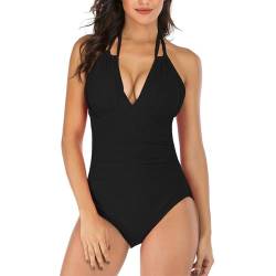 SEDEX Bauchweg Badeanzug Damen, V Ausschnitt Rückenfrei Sexy Curvy Bademode Ruched Halter Schwimmanzug Einteiliger Retro Vintage Strandmode Swimsuits for Women von SEDEX