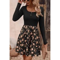 SEGUEN Druckkleid Frühherbstliches, florales Patchwork-Kleid mit Knöpfen (Elegante, langärmlige Damenbekleidung mit Rundhalsausschnitt) von SEGUEN