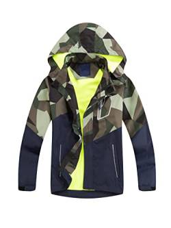 SERENYOU Jungen Gefütterte Regenjacke Kinder Camouflage Winddicht Übergangsjacke Mädchen Wasserdicht Windjacke Warm Wanderjacke Atmungsaktiv Softshelljacke Armeegrün 140-146 von SERENYOU