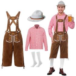 Oktoberfest Herren Outfit Set,Trachtenset Herren Komplett,Oktoberfest Kostüm Herren,Herren Oktoberfest Outfit Lnklusive Oktoberfest Hut, Socken Herren Kariertes Hemd, Lederhose Herren Tracht Set von SERTAS