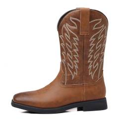 SFSSWSRYDF Herren Rutsch Auf Square Zehe Cowboy Stiefel Western klobiger Absatz Stickerei Halbschaft Stiefel Rutsch Westernstiefel,Braun,38 EU von SFSSWSRYDF