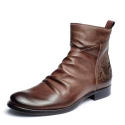 SFSSWSRYDF Leder Chukka Stiefel Seitlicher Reißverschluss Motorradstiefel Bestickte Arbeitsstiefel,A Brown,47 EU von SFSSWSRYDF