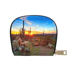 Cactus Desert Sunset Damen PU-Leder Shell Kartenetui Kreditkartenclip Leder Reißverschluss Geldbörse Münzbörse Aufbewahrungstasche, weiß, Einheitsgröße von SGZLZBWK