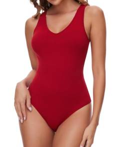 SHAPERIN Damen Bodysuit Ärmellos V Ausschnitt Bodies Stringbody Unterziehbody Sleeveless Bodysuits Oberteil Sexy Gerippter Top Rot-Ärmellos XL von SHAPERIN