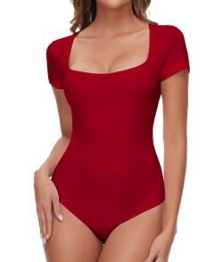 SHAPERIN Damen Bodysuit Kurzarm Eckiger Ausschnitt Bodies Stringbody Unterziehbody Basic Short Sleeve Bodysuits Oberteil Elegant Rot-Kurzarm XXL von SHAPERIN