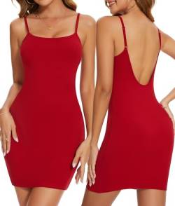 SHAPERIN Damen Slip Kurz Kleid Rückenfrei Sexy Ärmellos Kleider Eng Figurbetontes Minikleid Geripptes Bodycon Cami Kleid Rot XL von SHAPERIN