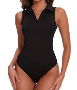 SHAPERIN Damenbody V-Ausschnitt Ärmellos Bodysuit Oberteil Stringbody Schmal Bodysuits Tops Schwarz-Ärmellos L von SHAPERIN