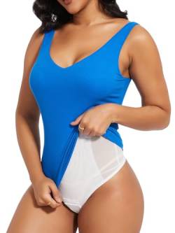 SHAPERIN Formende Bodysuit Damen Bauchweg Body Tanga Tank Top mit Integrierte Shapewear Tummy Control Miederbody, Blau, XL von SHAPERIN