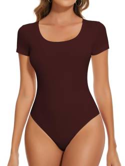 SHAPERIN Kurzarmbody Damen Rundhalsausschnitt Body Gerippte Tshirt Top Bodysuit Tanga Unterziehbody, Weinrot, XL von SHAPERIN