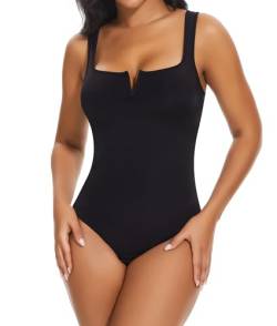 SHAPERIN Shapewear Bauchweg Damen Notch Ausschnitt Tanktop Formende Bodys Miederbody Body Shaper Tanga Schwarz 2XL von SHAPERIN