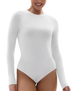 SHAPERX Body Damen Bodysuit Hoher Elastizität Langarm Top Rundhals T-Shirt Tanga, UK-SZ5242-White-XS von SHAPERX