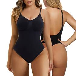 SHAPERX Bodysuit Figurenformend Damen Shapewear Bauchweg Body Shaper Tanga Ganzkörper Formende Bodys Niedriger Rücken Verstellbare Träger, UK-SZ5266-Black-2XL/3XL von SHAPERX