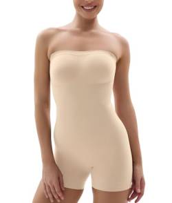 SHAPERX Shapewear Bodysuit Bauchweg Trägerloser Body Damen Formender Bodys Shaper Nahtlos Sculpting Tanga mit Verstellbarer Schultergurt, UK-SZ5217-Beige-S/M von SHAPERX