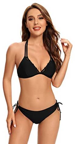 SHEKINI Damen Bikini Set V-Ausschnitt Neckholder Bikinioberteil Rückenfrei Zweiteiliger Badeanzug Triangel Bikinihose(Schwarz,M) von SHEKINI