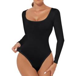 SHEKINI Damen Body Langarm Elegant Shapewear Bodysuit Bauchweg Stringbody U-Ausschnitt Slimming Body Shaper Tops Unterziehbody Langarmbody T-Shirt Oberteil von SHEKINI