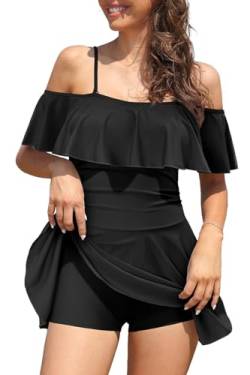 SHEKINI Damen Einteiler Badekleid Schulterfrei Rüschen Volant Baderock Gerafft Badeanzug, Schwarz , L von SHEKINI