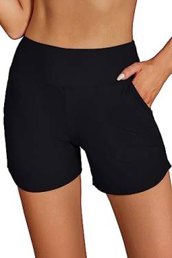 SHEKINI Damen Hohe Taille Badeshorts Taschen Kurze Badehose Schnell Trocknend Schwimmshorts Wassersport Boardshorts Schwimmhose mit Slip(Schwarz,XXL) von SHEKINI