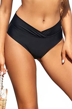 SHEKINI Damen Hohe Taille Bikinihose Ruched Foldover Front Schwimmhose Full Coverage Swim Shorts, Schwarz , M von SHEKINI