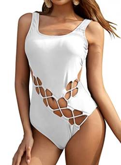 SHEKINI Damen Mode Einteiliger Badeanzug Cutout Slimming Rückenfrei Badeanzug Armellos Strandbadeanzug für Damen （L,Weiß von SHEKINI