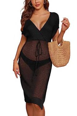 SHEKINI Damen Sommer Bikini Cover Up Strandkleid V-Ausschnitt Lang Leichte Kurze Ärmel Elegant Stricken Strandmode Beachwear Strand(Schwarz,S) von SHEKINI