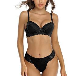 SHEKINI Damen BH Set Spitze BH Und String Dessous Sets Push Up Bügel BH Ungepolstert Abnehmbare Träger Tanga Unterwäsche Sexy Lingerie von SHEKINI