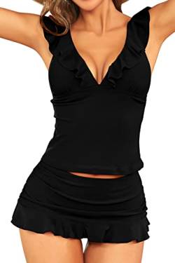 SHEKINI Damen Zweiteiliger Badeanzug V-Ausschnitt Rüschen Rückenfrei Tankini Top Tankini Set Kurze Rock Ruched Bikinirock Strandmode(XL,Schwarz) von SHEKINI