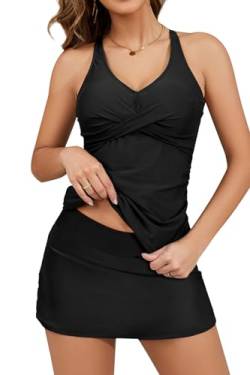 SHEKINI Damen Tankini Set Ruched Bauchweg Slim Zweiteiler Badeanzug Elegant Twisted Tankini Oberteil mit Rock Große Größen Bademode（M，Schwarz） von SHEKINI