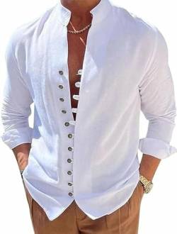 SHEYOW Herren Leinenhemd Langärmelig Shirt Casual Lässig Hemd Sommer Freizeithemd Button Regular Fit(2XL, Weiß) von SHEYOW