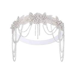 Retro Perlen Haarschmuck Damen Stirnband Glänzende Strasssteine ​​Blumenform Kette Quaste Haarband mit Perlen Dekoration Braut Haarschmuck Weiß von SHINROAD